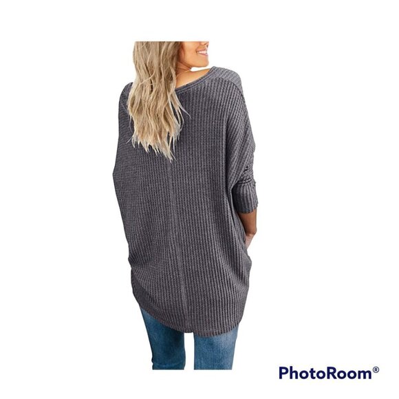 IWOLLENCE Gray Waffle Knit Blouse Tie Knot Henley Medium - Picture 2 of 4